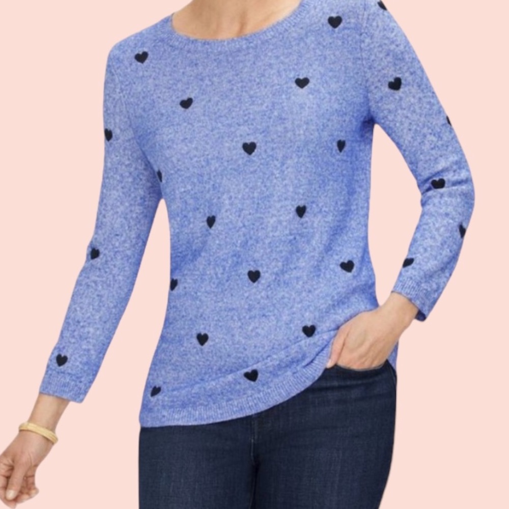 Talbots Plus Petites Blue Embroidered Hearts Crew Neck Cotton Blend Sweater